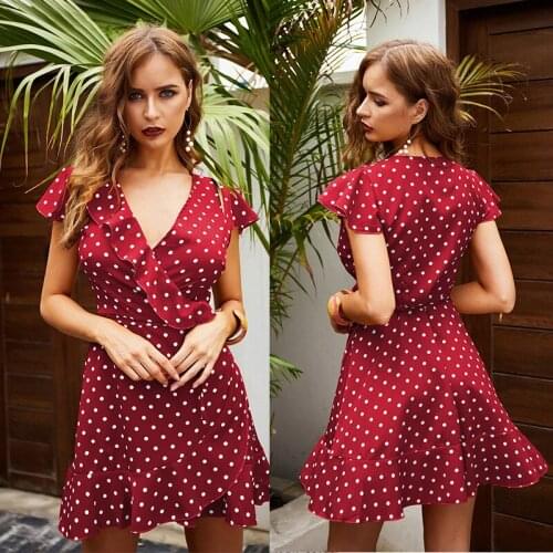 Summer Womens Dress Polka Dot Printed V-neck Sexy Dress Fashion Vestido Feminino Ruffle Sleeveless Robe Femme Party Mini Dress