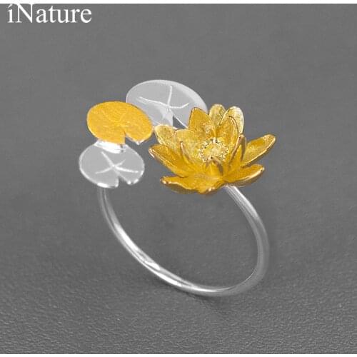 INATURE 925 Sterling Silver Water Lily Adjustable Opening Rings for Women Temperament Flower Ring Female Jewelry