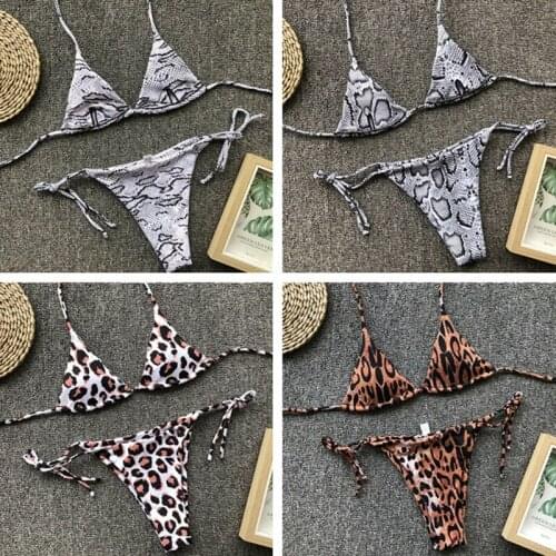 Bikinis women triangle bathing pool clothes Padded animal leopard printed Brazilian push-up bra thong Halter swimsuit beachwear