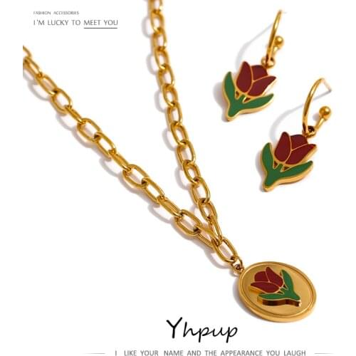 Yhpup Stainless Steel Enamel Flower Pendant Necklace Exquisite Metal 18 K Collar Fashion Necklace Bijoux Femme Anniversary Gift