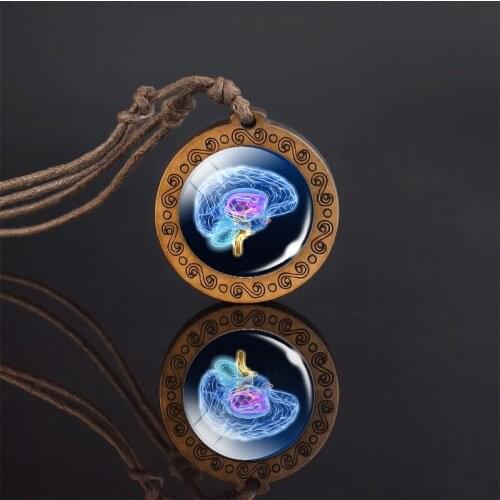 Human Anatomy Head Skull Necklace Brain Heart 3D Picture Glass Cabochon Pendant Rope Chain Wooden Necklace