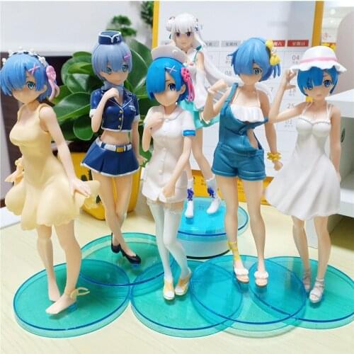 7pcs/set Anime Re:Life In A Different World From Zero Rem Action Figure Swimsuit Strap Denim PVC Collection Model Doll Toys Gift