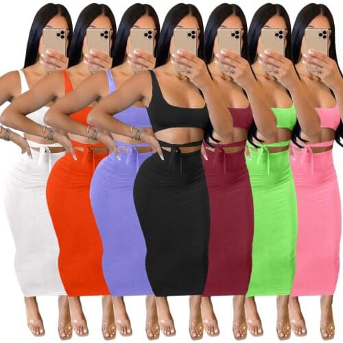Fitness Women 2 Piece Set 2021 Summer Vest + Bow Tie High Waist Bodycon Skirt Party Club Clothing Causal Skinny Workout Outfits