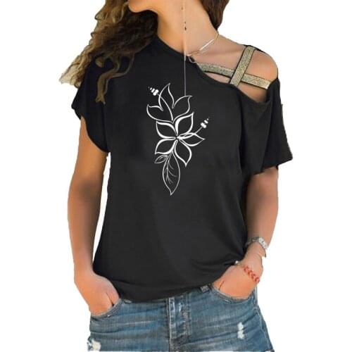 Cute Flowers With Print Summer Short Sleeve T-Shirt Women Clothing Funny Harajuku Shirt Femme Casual Irregular Skew Cross Tops