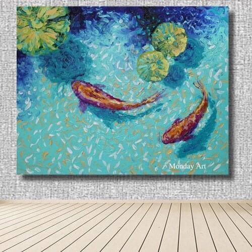Artist Hand-painted Koi Carp Oil Painting on Canvas Chinese Fish Carps Oil Painting handmade Fishes Oil Painting for living room