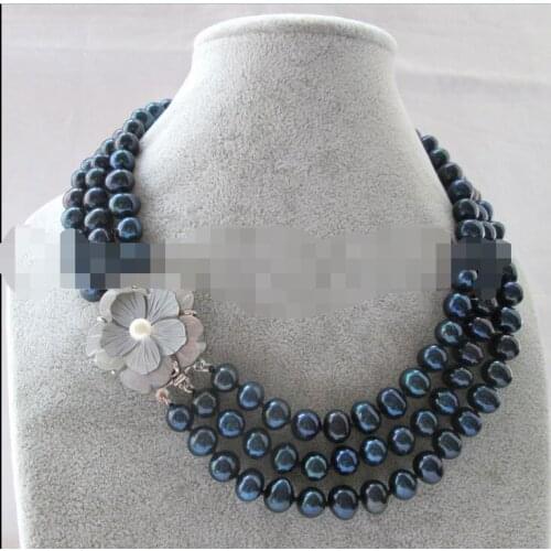 Beautiful 17" 3row 10mm black round freshwater pearl necklace - shell clasp