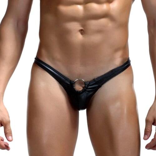 Mens Underwear Thongs Strings Convex Pouch Faux Leather Iron Ring Sexy Lingerie Male Panties Cuecas Masculinas Stringi Sexi