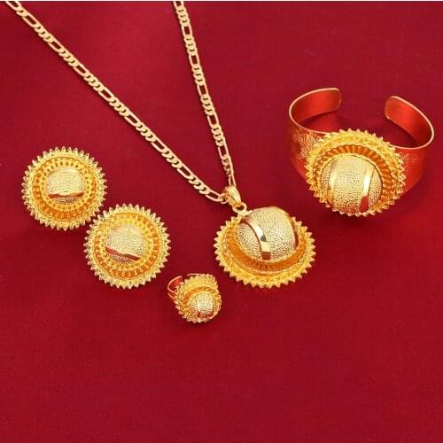 New Ethiopian 24K Gold Set Brass Jewelry Pendant Chain Clip Earring Ring Bangle Set