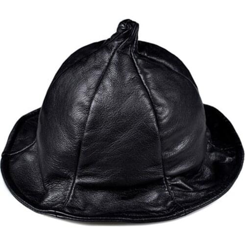 NEW Exclusive Unisex Vintage Black Genuine Leather Pot Wizard Hat Wome/Men Casual Street Big Brim All Saints' Day Beanies Caps