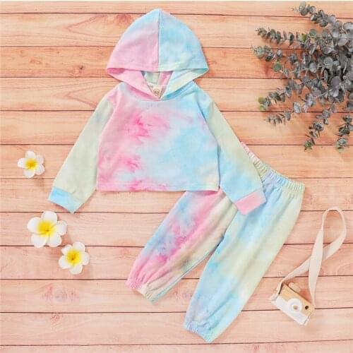 1-6T Kids New Rainbow Outfit Girls Tie Dyed Long-Sleeves Hoodies T Shirts+Boys High Elastic-Waist Long Pants Autumn Outfits Set