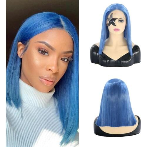 QUINLUX WIGS Blue Bob Wigs For Black Women High Temperature Heat Fiber Cosplay Wigs Synthetic Lace Front Wig With Middle Part