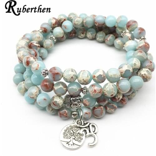 Ruberthen Tree of Life Bracelet Buddish Head Ohm Charm 108 Mala Bracelet Fashion Aqua Terra J-asper Bracelet Drop Shipping