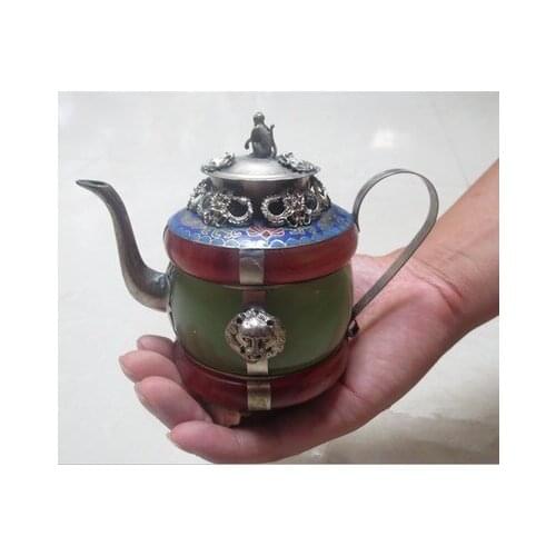 Tibet silver porcelain Chinese RARE green Tibet silver red jade teapot shipping pot tools wedding Decoration Brassroom Art