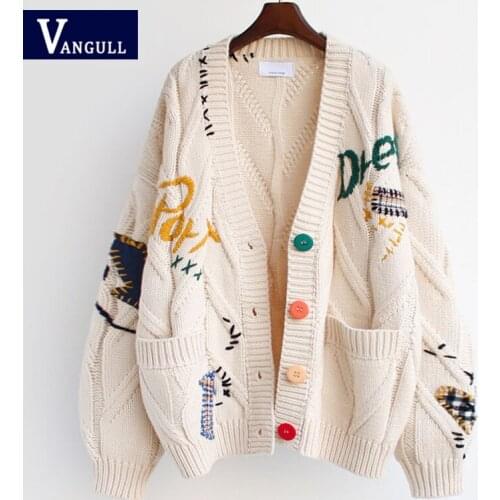 Vangull Autumn Winter Embroidery Women Cardigan Warm Knitted Sweater Jacket Pocket Fashion Knit Cardigan Coat Lady Loose Sweater