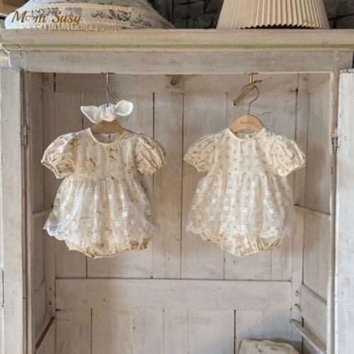 Newborn Baby Girl Princess Vintage Floral Romper Lace Cotton Summer Infant Toddler Jumpsuit Lace Dress Outfits Baby Clothes 0-2Y