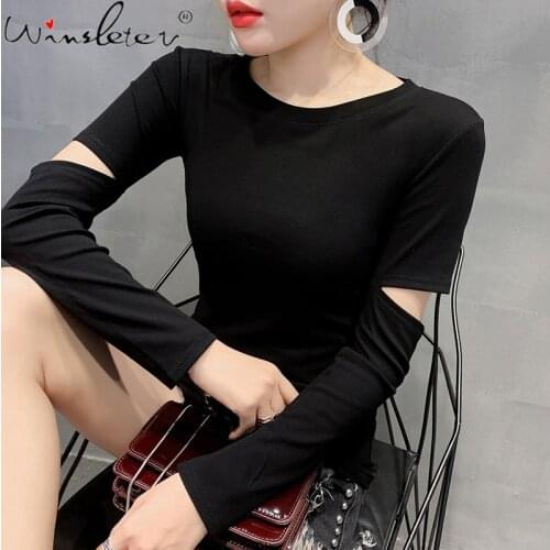 Fall European Clothes Cotton Solid T-Shirt Chic Sexy Women Tops Long Sleeve Hollow Out Bottoming Shirt Vintage Tees New T17325A