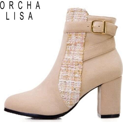 ORCHALISA Womens winter high boots Ankle boots Flock Buckle Patchwork Female mujer Boat for woman Round toe Color texture S2402