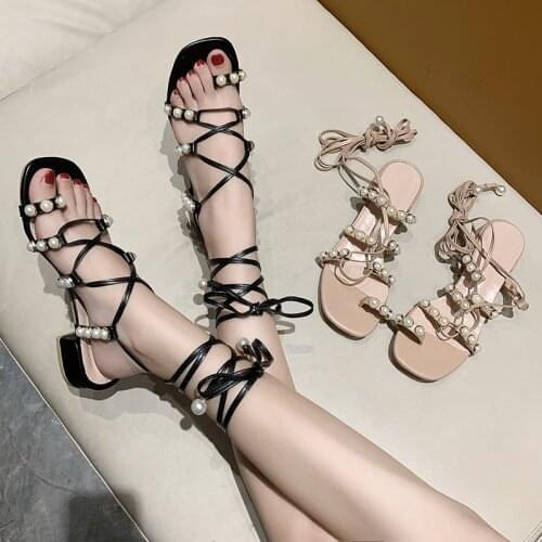 Women Summer Pearl Embellished Strappy Tie Leg Up Heeled Sandals
