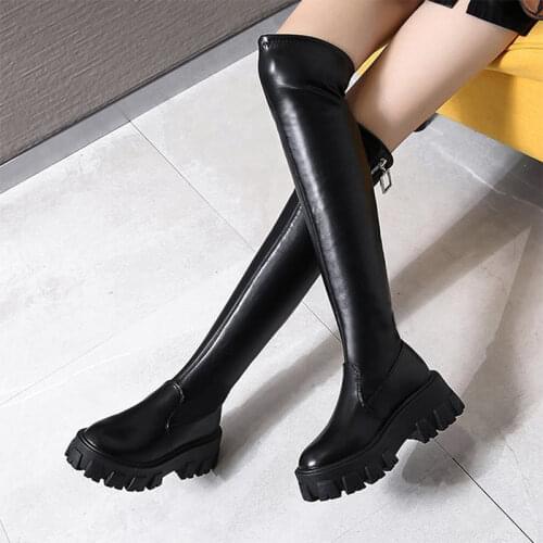 Platform Women Knee High Boots Winter 2020 Cool Zip Thigh High Footwear Female PU Leather Mid Heels Womens Non-slip Woman Shoes