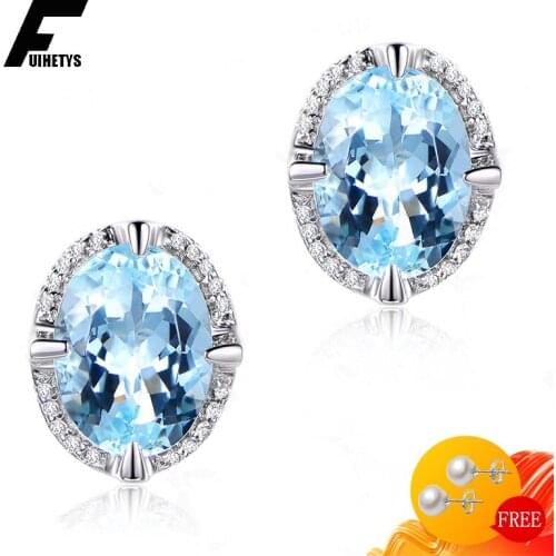 Trendy Women Earrings 925 Silver Jewelry Oval Shape Sapphire Zircon Gemstone Stud Earring for Wedding Engagement Party Accessory