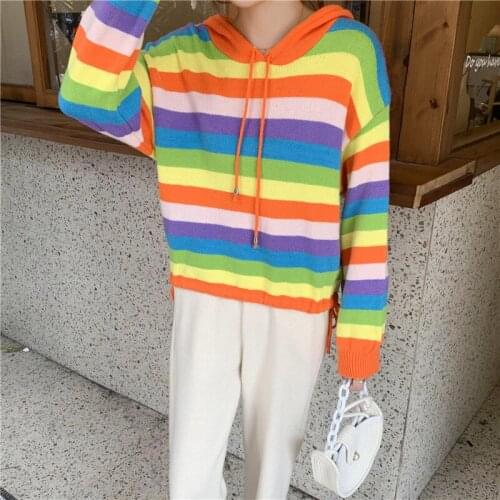 Drawstring Rainbow Striped Sweater Women 2021 Autumn Hooded Pullover Knitwear Contrast Color Long-Sleeved Loose Knit Sweatshirt