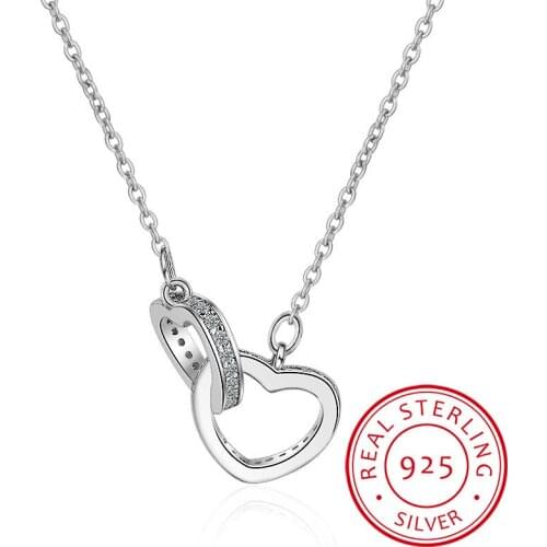 Fashion 925 Sterling Silver Necklace Pendant Rose Gold Double Heart Crystal Pendant For Women Korean Jewelry With Chain Gift