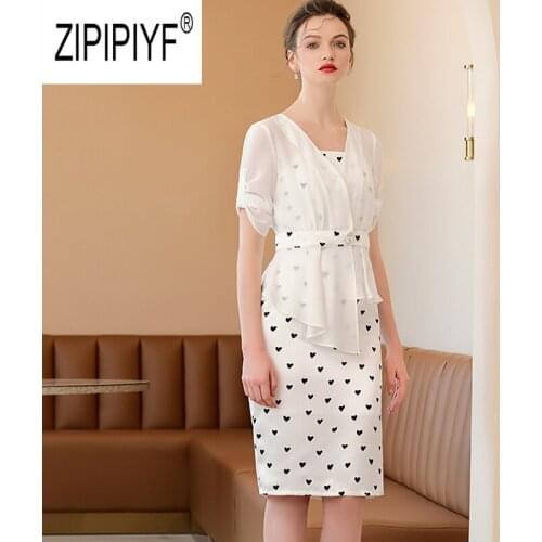 2019 Autumn Fashion Women Two Pieces Dresses Polka Dot Straps Bodycon Pencil Short Dresses Chiffon White Elegant Coats Top Z444