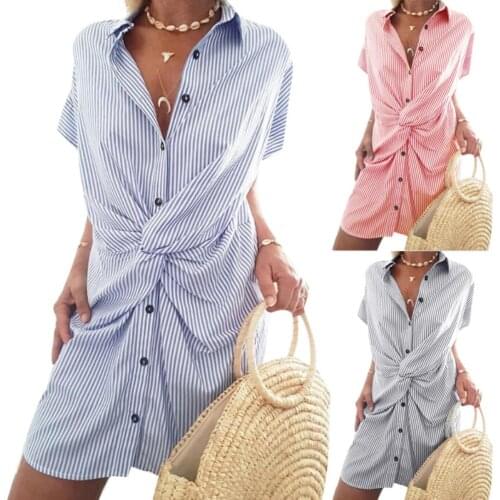 Women Dress Short Sleeve Turn Down Collar Vertical Stripes Mini Shirt Dress Loose Women Clothing Red S-XL платье летнее 2021