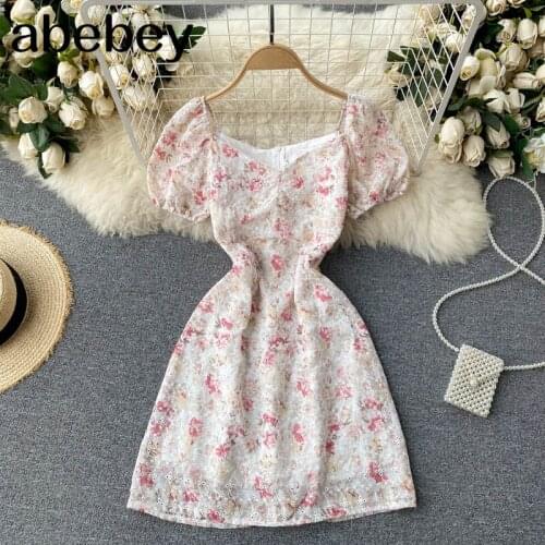 Women Retro Floral Dress Blackless Puff Sleeve Square Collar Ruched A-line Dresses Summer Boho Print Ruffles Short Dress
