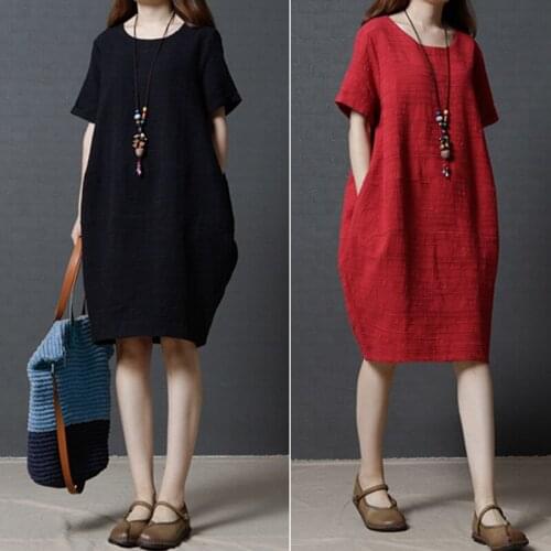 Womens Korean-style Loose Cotton and Linen Solid Color Short-sleeved Dress