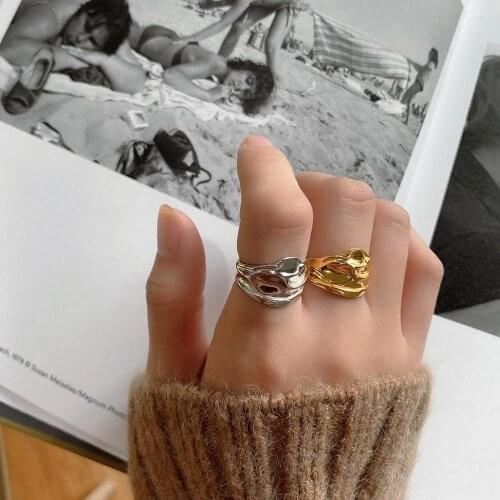 1pc INS Authentic S925 Sterling Silver FINE Jewelry White/Gold Irregular Geometric Foil Wider BAND ring adjust TLJ1034