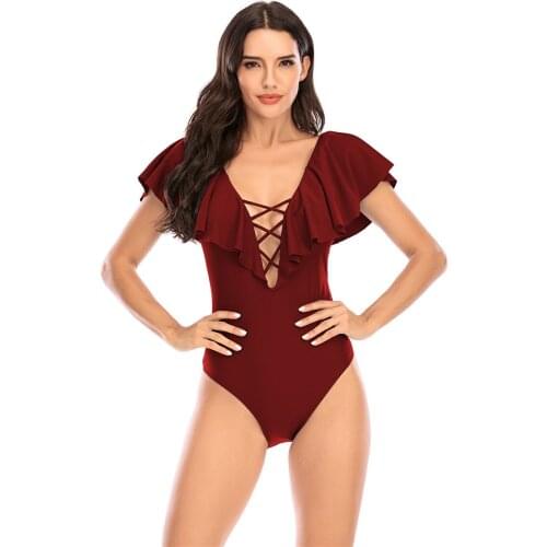 2021 New Bikini Sexy Deep V Cross Strap Solid Color Ruffled One-piece Swimsuit Female Bikini