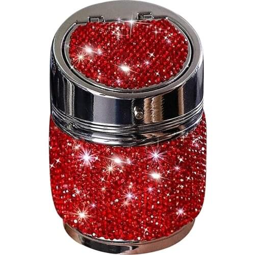Auto Car Ashtray, Smokeless Stainless Portable Bling Crystal Cylinder Cup Holder with Lid for Car Truck SUV Office