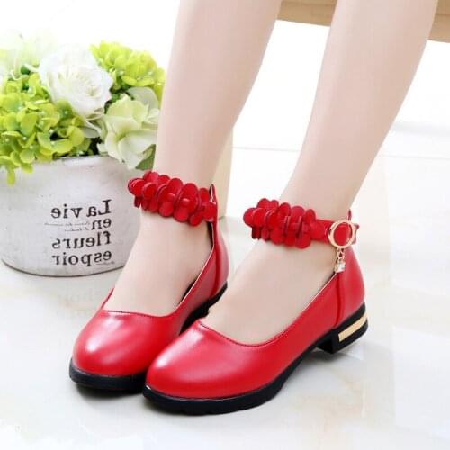 White Black Red Flower Children High Heels Princess Shoes For Big Kids Girls Student Party Wedding Strap Ankle Leather Shoes New