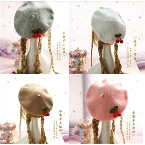 Mori Girl cherry fruits Beret Autumn Winter Sweet Lolita Berets Flat Cap Japanese Womens Warm Cute Wool Painter Hat B538