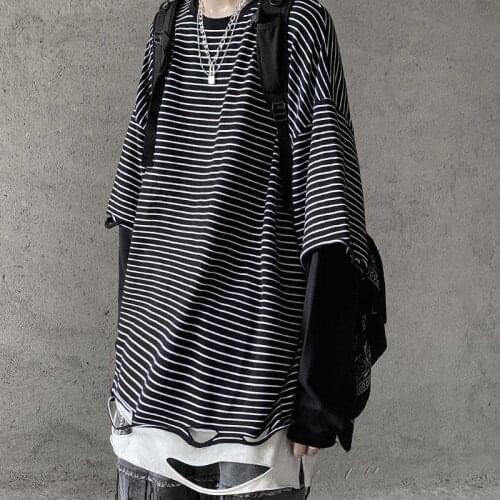 Ripped Hole Women Man Contrast Long Sleeve Striped Look Two Piece Style Loose Oversized T Shirt T-Shirt Street Korean Ha