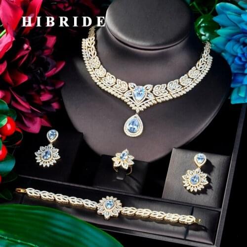 HIBRIDE Big Water Drop Shape Cubic Zircon Women 4 pcs Jewelry Set Dress Necklace Earring Jewelry Set For Party Gits N-873