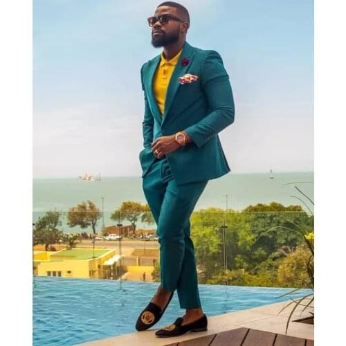 Costume Homme Green Men Suits Peak Lapel Fashion Slim Fit Prom Wedding Groom Wear Terno Masculino Blazer 2 Pcs (Jacket+Pants)