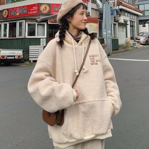 Imitation lamb plush female autumn/winter Korean version of loose lazy wind plus thick hooded jacket