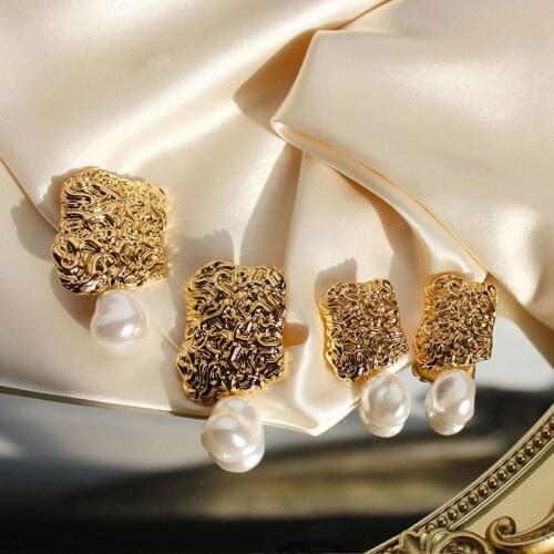 GSOLD Vintage Geometric Folded Lava Metal Irregular Square Drop Earring Trendy Imitation Pearl Dangle Earrings Party Jewelry