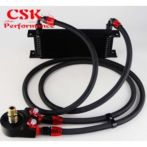 Universal 13 Row 248mm AN8 Engine Transmission Oil Cooler British Type + Aluminum Filter Adapter Kit Black/Blue