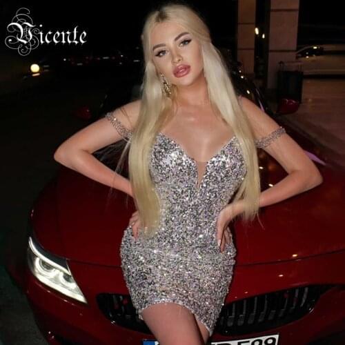 VC Chic Colorful Sequins Dress Beads Off Shoulder Design Celebrity Party Club Vestido Free Shipping