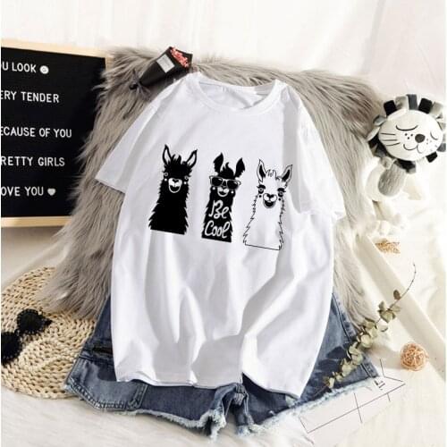 Women Casual White Tops Casual T Shirt Alpaca cartoon printed T-shirt Women T-shirt ladies summer casual T-shirt