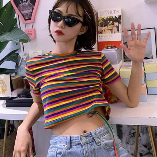 T Shirt Women Rainbow Striped Tops Harajuku Tshirt 2020 Summer Short Sleeve Drawstring Fashion O Neck Korean Punk T-shirt