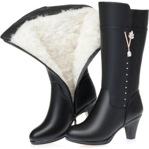 Women Long Shoes High Heel 2020 New Winter Boots Women Cow Leather Thick Wool Fashion Footwear with Thick High Heel