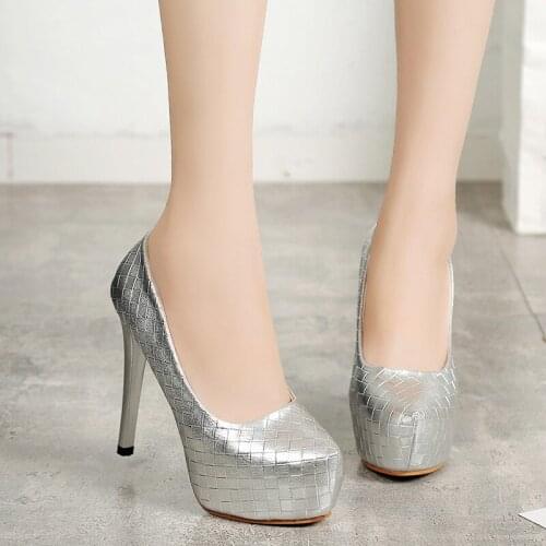 Womens high heels sexy high heel waterproof platform high heel single shoes womens wedding shoes Knitting fabric Silver U18-22