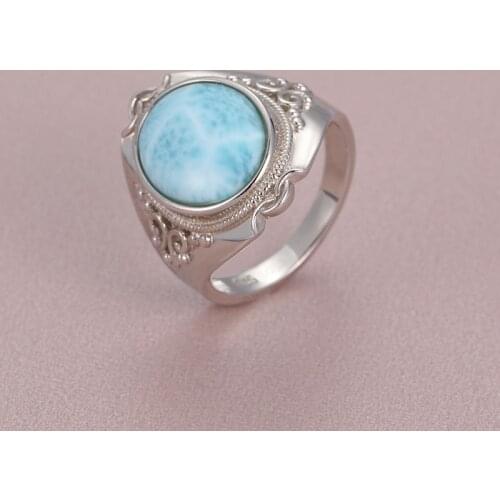 925 Sterling Silver Natural Stones Gemstones Larimar Big Ring Retro Design Classic Simple Female Jewelry for Women Dating