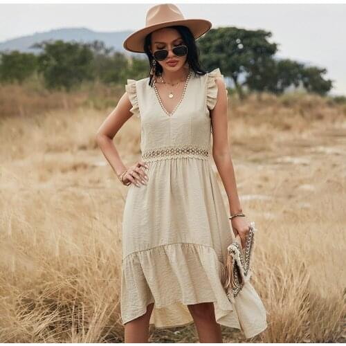 Summer Solid Color Ruffled Sexy Hollow V-neck Women Dress Bohemian Style Robe Casual Wedding Dress Beach Skirt -40