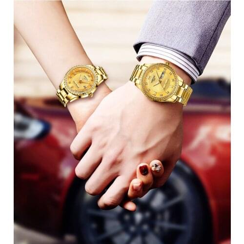 NIBOSI Gold Couple Watches for Lover Fashion Brand Luxury Auto Date Quartz Watch Stainless Steel Waterproof Couple Quartz Watch