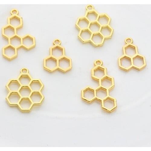 10pcs/lot Golden Alloy Honeycombs Metal Frame Pendant Gold Charm Bezel Setting Cabochon Setting UV Resin Charm Accessories